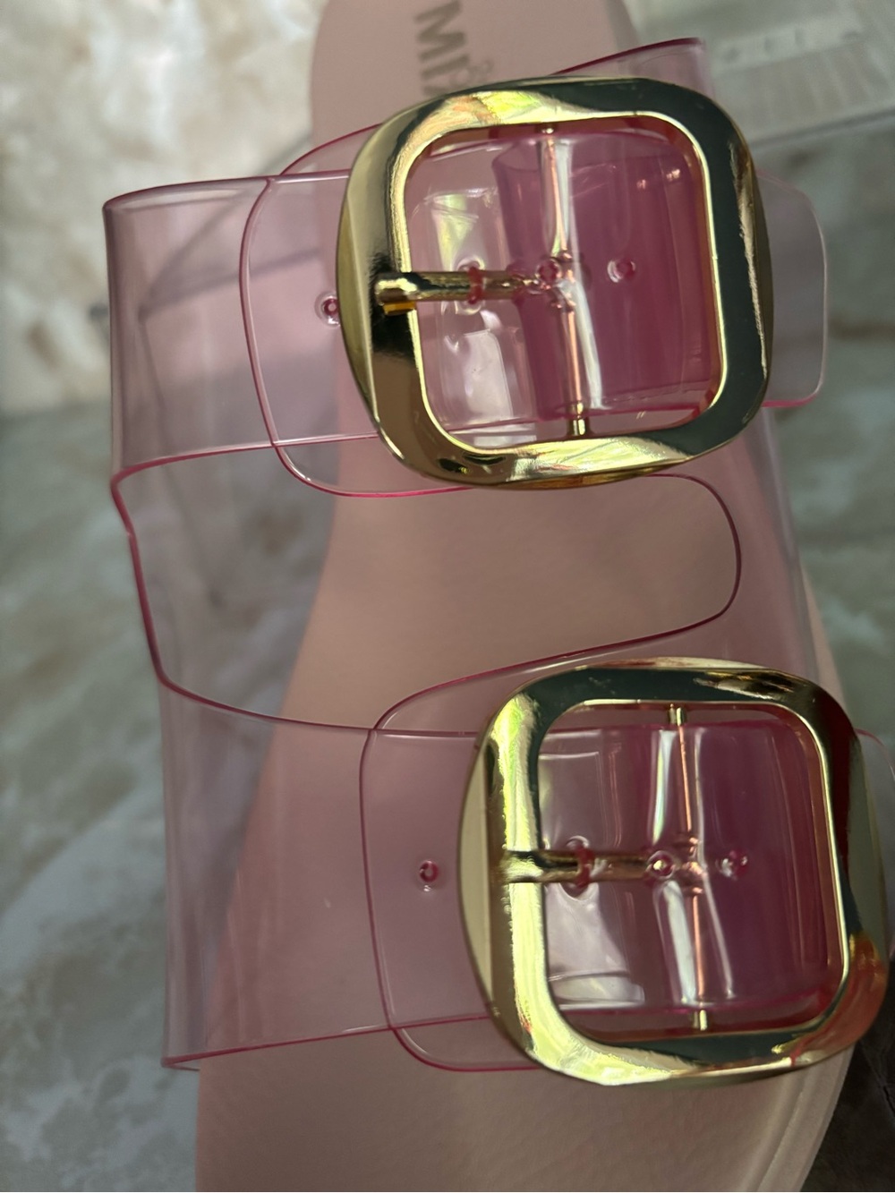 MIA Pink Clear Slide Sandals with Gold Buckles - Picture 3 of 3
